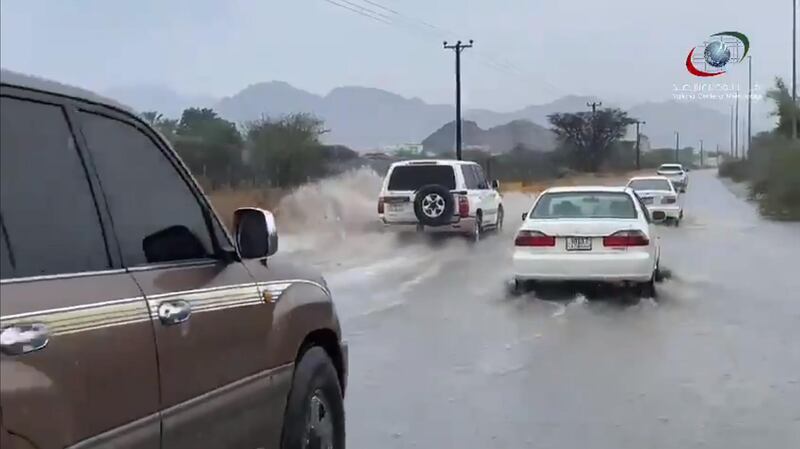 A flooded road leading to Asimah in Fujairah. Asimah is a mountainous village, north of Masafi. Courtesy: National Centre of Meteorology