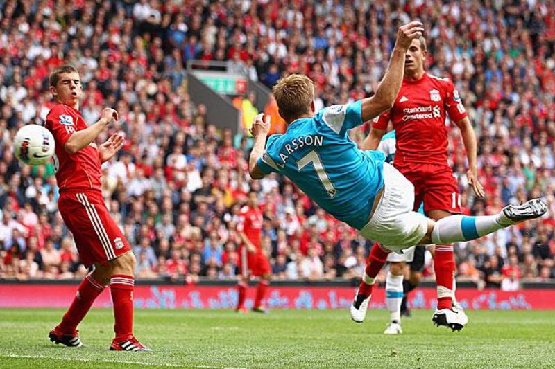 Sebastian Larsson scores Sunderland's equaliser in spectacular fashion to earn the Black Cats a 1-1 draw against Liverpool at Anfield.

Clive Brunskill / Getty Images