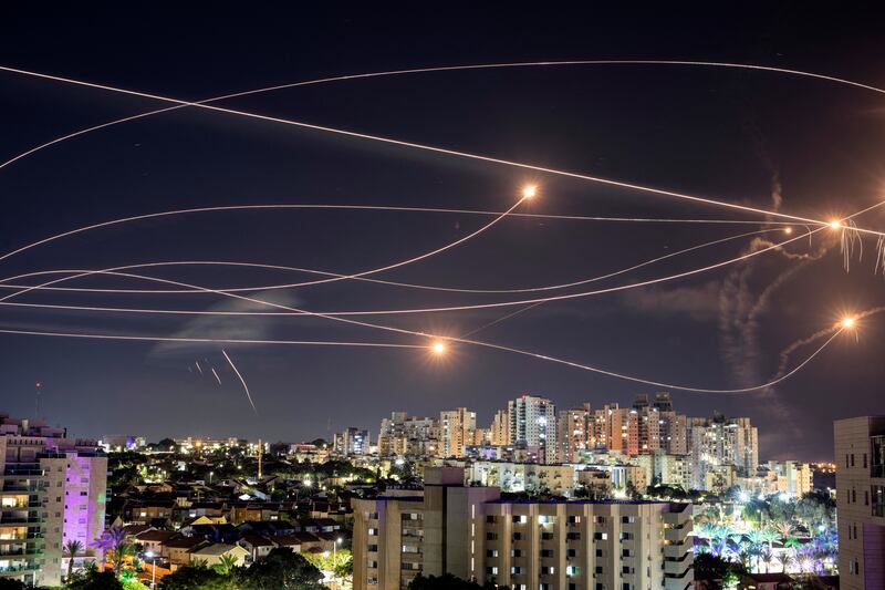 Israel's Iron Dome anti-missile system intercepts rockets launched from the Gaza Strip, as seen from Ashkelon, in southern Israel, on October 20. Reuters