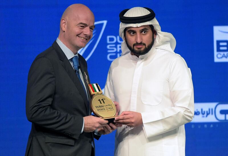 DUBAI, UNITED ARAB EMIRATES - DECEMBER 28:  FIFA President, Gianni Infantino and Sheikh Maktoum Bin Mohammed Bin Rashid Al Maktoum, Deputy Ruler of Dubai pose for photographs during the 11th Dubai International Sports Conference on December 28, 2016 in Dubai, United Arab Emirates.  (Photo by Tom Dulat/Getty Images)