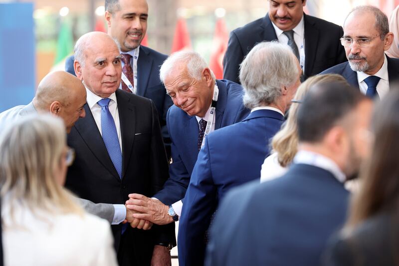 EU foreign policy chief Josep Borrell, centre, greets leaders during the Brussels donor conference for Syria. AP
