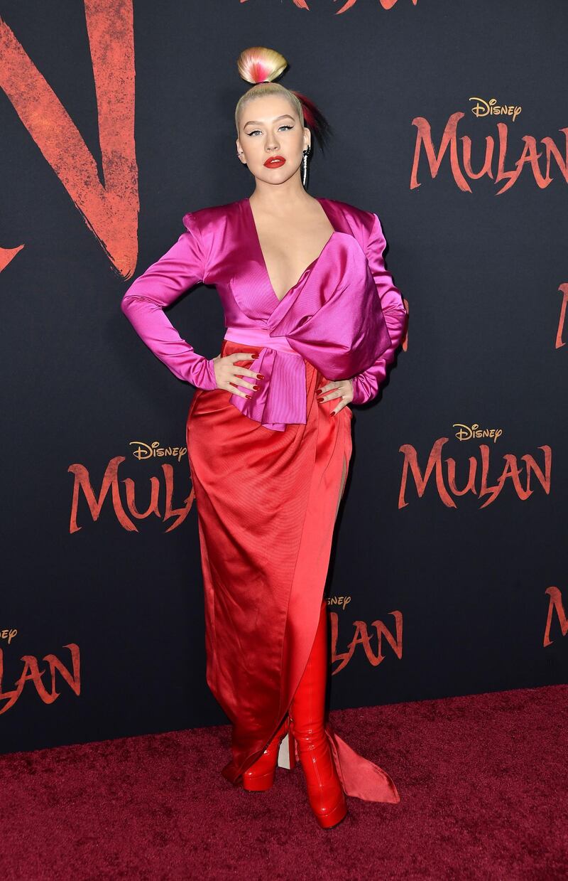 Christina Aguilera in Galia Lahav at the world premiere of Disney's 'Mulan' at the Dolby Theatre in Hollywood on March 9, 2020. AFP