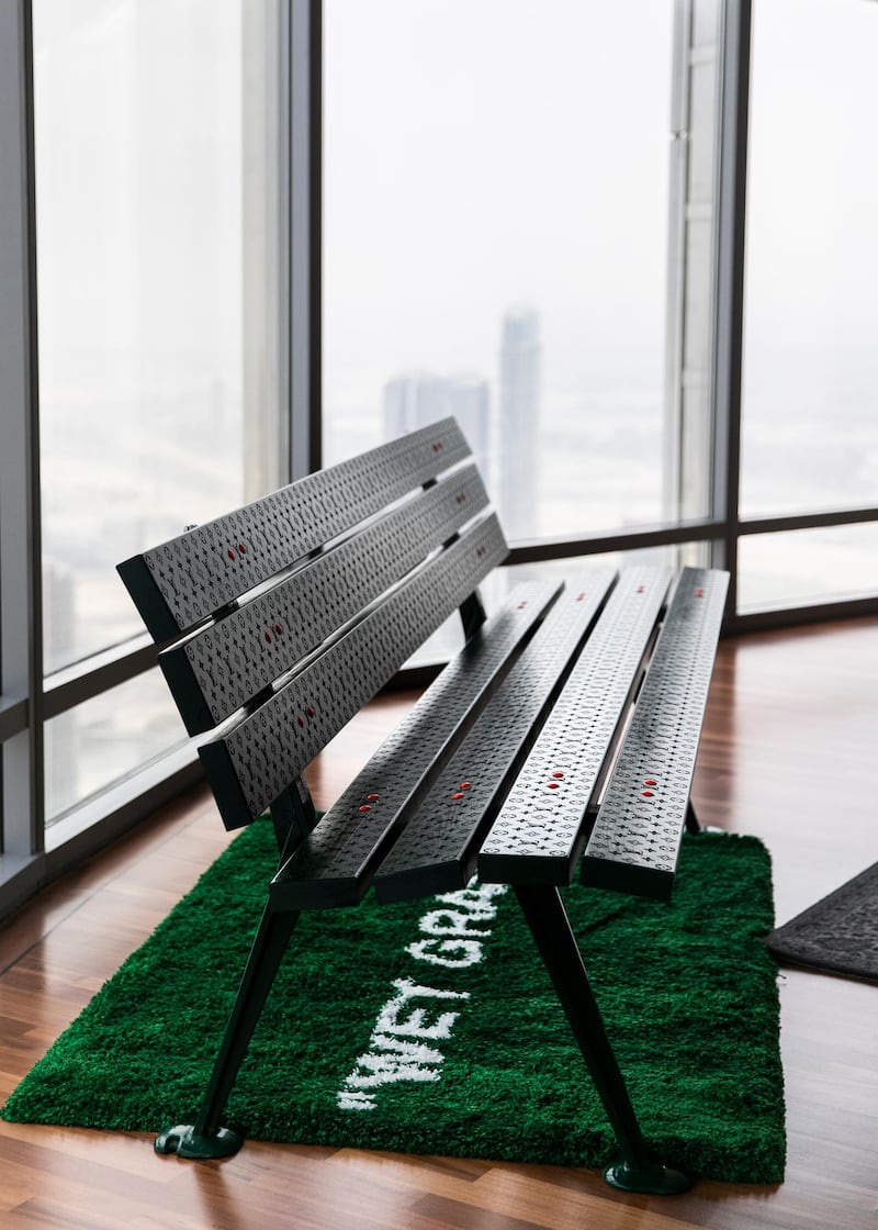 DUBAI, UNITED ARAB EMIRATES. 11 AUGUST 2020. 
Mohamed Al Safar’s 300-pound oversized Louis Vuitton park bench, created by Virgil Abloh for Louis Vuitton with PlayLab, Inc, a Los Angeles-based creative studio.

(Photo: Reem Mohammed/The National)

Reporter:
Section: