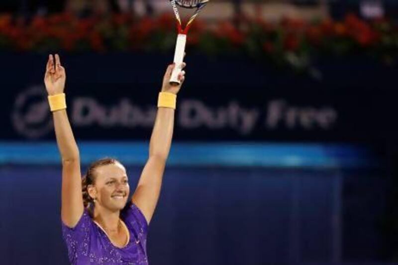 Petra Kvitova of the Czech Republic celebrates after defeating Sara Errani in Dubai.