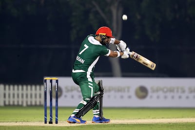 Hassan Khan Eisakhil of Thunderbolts in action during the ILT20 development tournament held at ICC academy in Dubai. Pawan Singh / The National