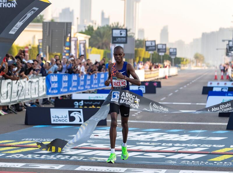 Abu Dhabi, United Arab Emirates - December 06, 2019: Reuben Kipyego from Kenya wins the mens ADNOC Abu Dhabi marathon 2019. Friday, December 6th, 2019. Abu Dhabi. Chris Whiteoak / The National