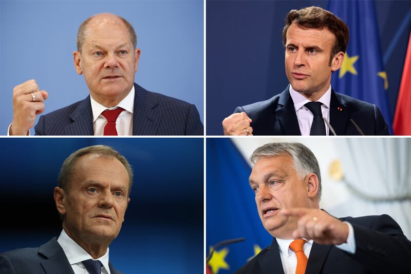 Clockwise from top left: Olaf Scholz, Emmanuel Macron, Viktor Orban and Donald Tusk. Getty Images