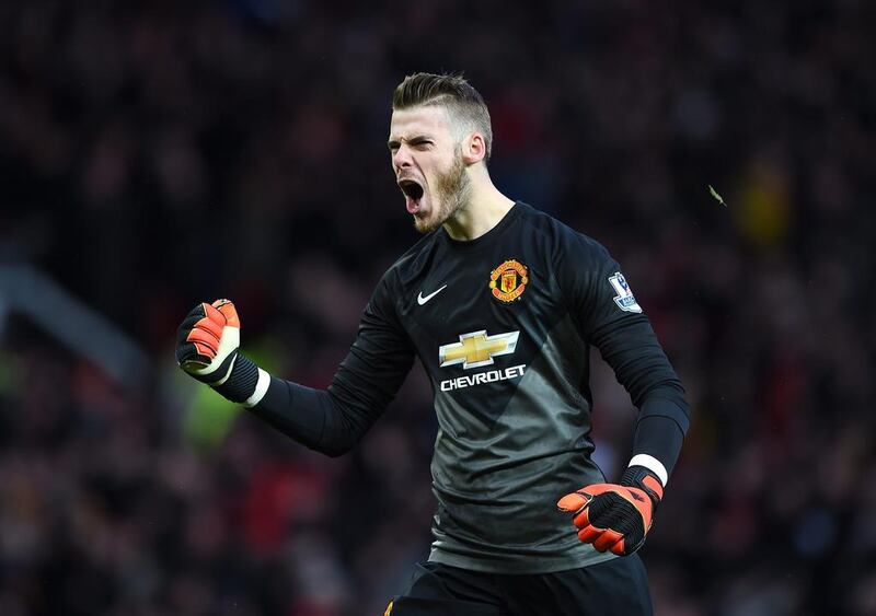 MANCHESTER, ENGLAND - DECEMBER 14:  David De Gea of Manchester United celebrates during the Barclays Premier League match between Manchester United and Liverpool at Old Trafford on December 14, 2014 in Manchester, England.  (Photo by Shaun Botterill/Getty Images)