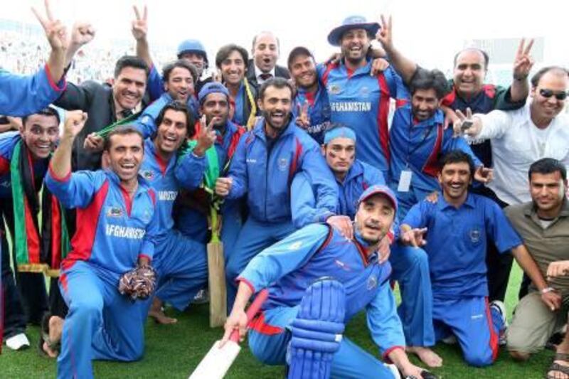 
DUBAI, UNITED ARAB EMIRATES, Feb 13 Afghanistan cricket team players and officials in a jubilant mood after Afghanistan beat UAE by 4 wickets in the ICC world twenty20 qualifier cricket match at Dubai International Cricket Stadium in Dubai Sports City in Dubai. (Pawan Singh / The National) For Sports. Story by Paul
