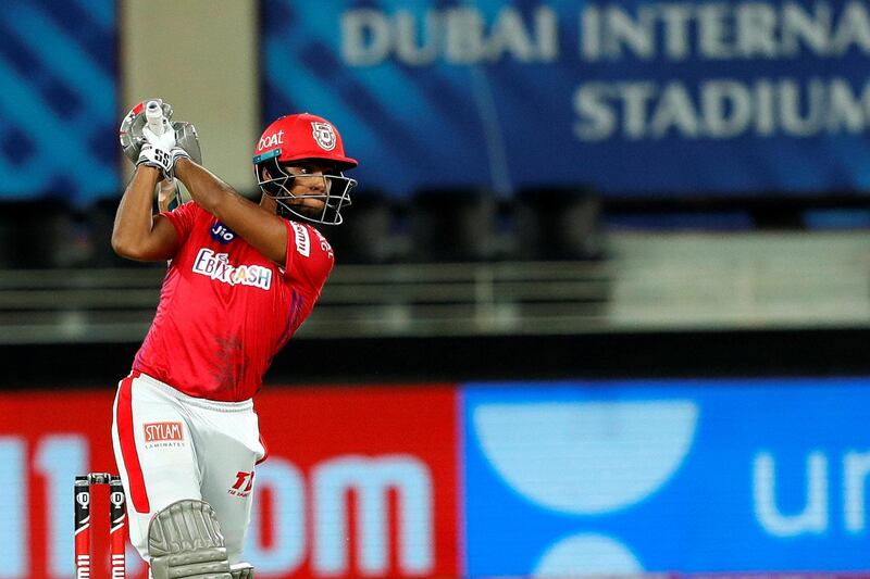 Nicholas Pooran of Kings XI Punjab hit the sixes during match 38 of season 13 of the Dream 11 Indian Premier League (IPL) between the Kings XI Punjab and the Delhi Capitals held at the Dubai International Cricket Stadium, Dubai in the United Arab Emirates on the 20th October 2020.  Photo by: Saikat Das  / Sportzpics for BCCI