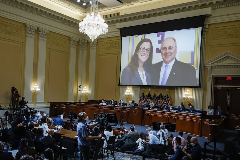 An image of Mr Scalise and former White House aide Cassidy Hutchinson during a January 6 committee public hearing. Bloomberg