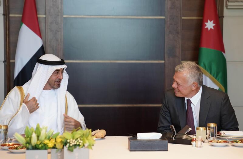 Jordan's King Abdullah II holds talks with Sheikh Mohamed bin Zayed, Crown Prince of Abu Dhabi and deputy supreme commander of the UAE Armed Forces, attended by Crown Prince Al Hussein in Jordan. Courtesy Royal Hashemite Court