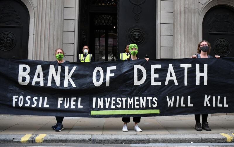 Extinction Rebellion protesters outside the Bank of England. EPA