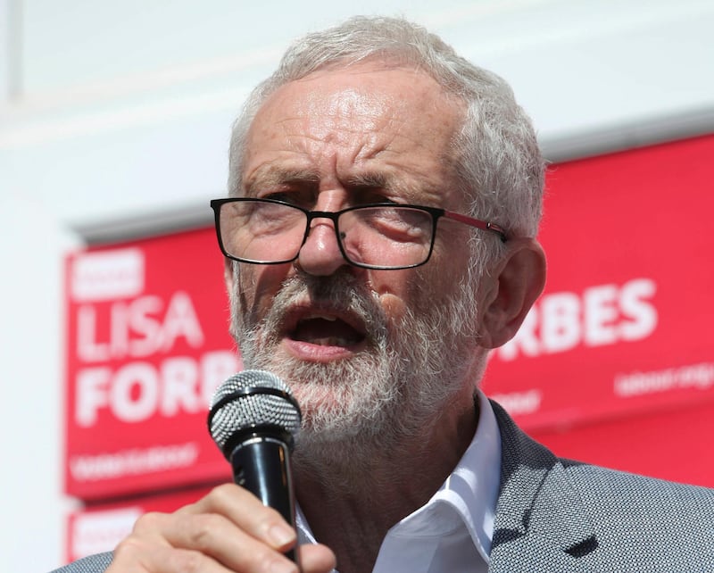Britain's main opposition Labour Party leader Jeremy Corbyn speaks during campaigning in Peterborough, England, ahead of the upcoming by-election, Saturday June 1, 2019. Peterborough is to hold a by-election on June 6 to find a replacement for MP Fiona Onasanya after she lost her seat through a recall petition. (Danny Lawson/PA via AP)