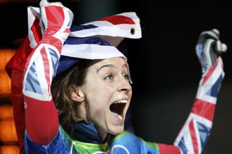 Britain's Amy Williams is overjoyed after winning the gold medal in the women's skeleton.