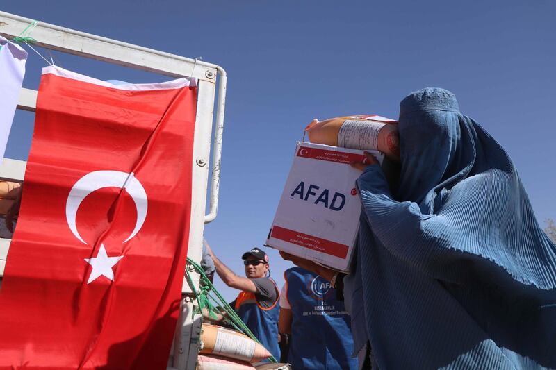Afghan Internally Displaced Persons receive food rations distributed by the Turkish Disaster and Emergency Management Authority (AFAD) in Herat, Afghanistan. EPA