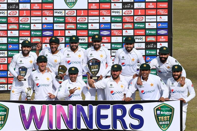 Pakistan's players after winning the Test series against South Africa during the fifth day of the second Test at the Rawalpindi Cricket Stadium. AFP