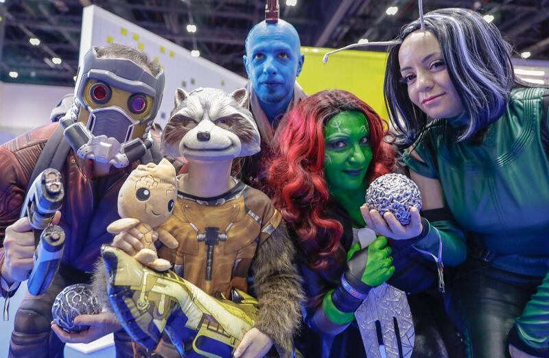 Dubai, April 12, 2019.  MEFCC day 2-
Guardians of the Galaxy cosplayers.
Victor Besa/The National.
Section:  AC  
Reporter:  Chris Newbould