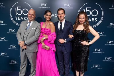 From left, Luc Rochereau, regional brand director Middle East for IWC, Bollywood actress Sonam Kapoor, Christoph Grainger-Herr, IWC Global CEO and television presenter Raya Abirached