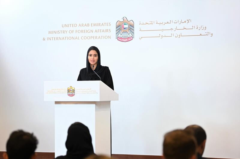 Hend Al Otaiba, Director of Strategic Communications, UAE Ministry of Foreign Affairs and International Cooperation speaks during a press briefing in Abu Dhabi, on Sunday 15, September 2019. Ministry of Foreign Affarirs and International Cooperation.