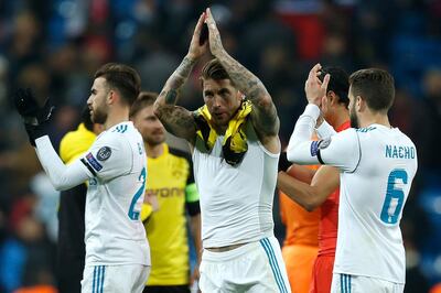 Real Madrid's Sergio Ramos applaudes fans after the Champions League Group H soccer match between Real Madrid and Borussia Dortmund at the Santiago Bernabeu stadium in Madrid, Spain, Wednesday, Dec. 6, 2017. (AP Photo/Francisco Seco)