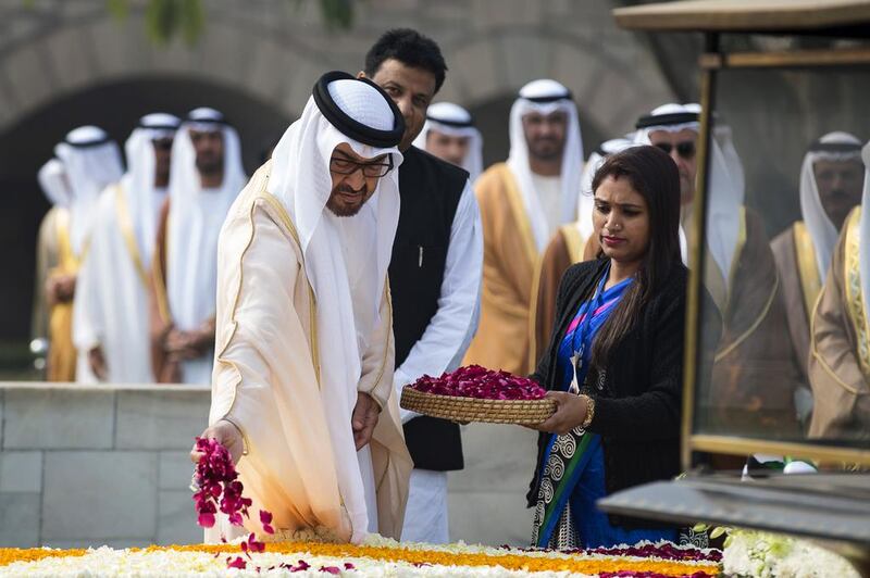 Sheikh Mohammed bin Zayed, Crown Prince of Abu Dhabi and Deputy Supreme Commander of the Armed Forces visits the Raj Ghat memorial to Mahatma Ghandi, during an official visit to India. Mohamed Al Hammadi / Crown Prince Court — Abu Dhabi