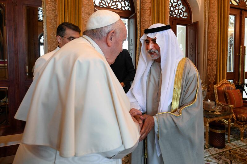 Pope Francis meets Sheikh Nahyan bin Mubarak, Minister of Tolerance and Coexistence, in Bahrain. AFP