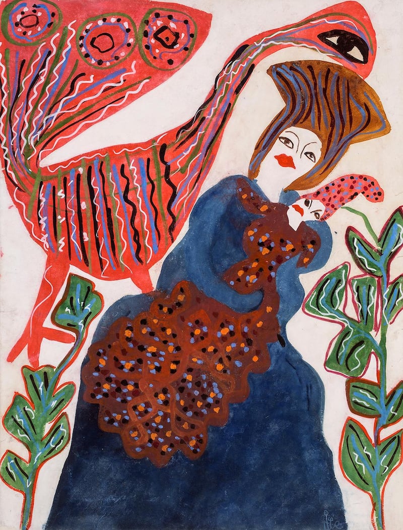 'Femme et enfant au paon' (1947) by Baya. Elmarsa Gallery, Tunis-Dubai