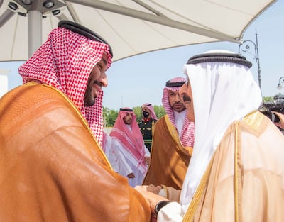 Saudi Crown Prince Mohammed bin Salman receives Kuwait Crown Prince Sheikh Mishal Al Ahmad Al Jaber Al Sabah in Jeddah. SPA