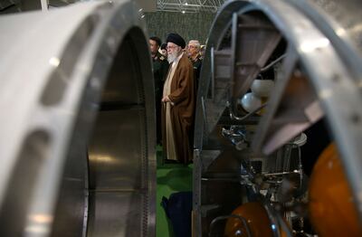 Iranian supreme leader Ayatollah Ali Khamenei visits an aerospace exhibition on Sunday. AP