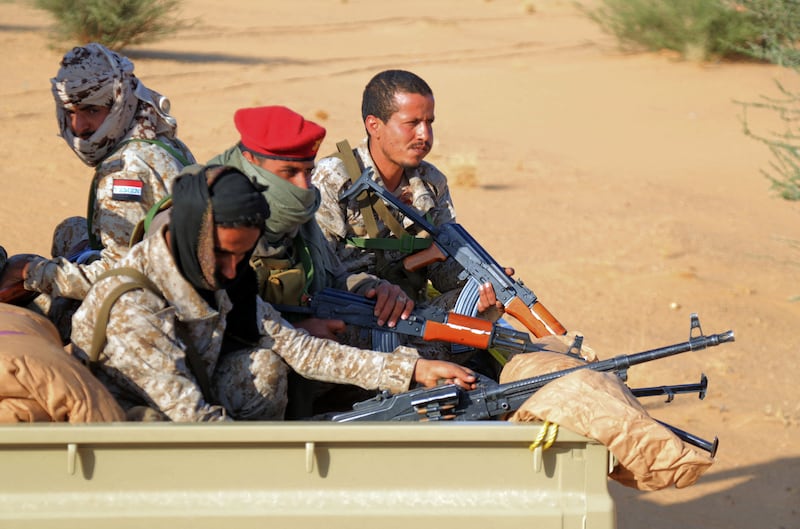 Yemeni soldiers in Marib, where an overnight attack resulted in the killing and wounding of a number of Houthis. AFP