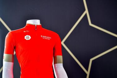 The red jersey of the UAE tour is displayed during the presentation of UAE Tour at Centre for Astronomy and Space Science in Sharjah on January 20, 2020. The seven-stage UAE Tour sets off from Dubai on February 23 to finish back in Dubai on February 29, 2020. / AFP / GIUSEPPE CACACE