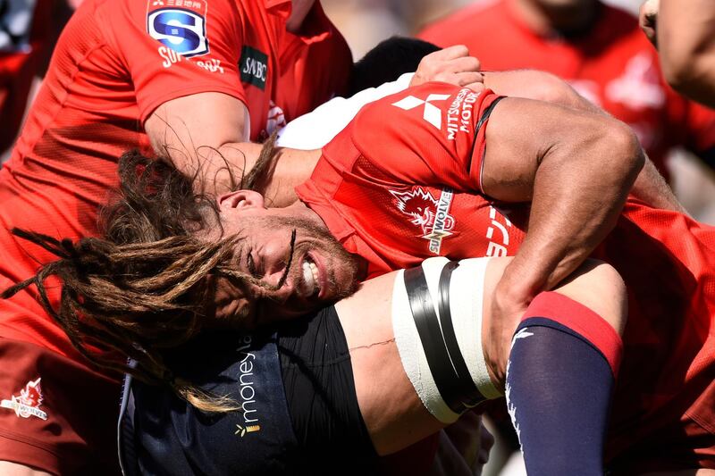 Dan Pryor of the Sunwolves tackles during the Super Rugby match between Sunwolves and Rebels at the Prince Chichibu Memorial Ground in Tokyo, Japan.   Getty