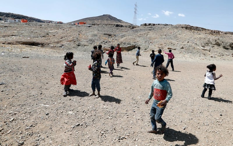 Displaced Yemeni children play at a camp for Internally Displaced Persons (IDPs) on the outskirts of Sana'a, Yemen. EPA