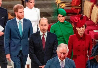 (FILES) In this file photo taken on March 9, 2020 Britain's Prince Harry, Duke of Sussex (L) and Britain's Meghan, Duchess of Sussex (2nd R) follow Britain's Prince William, Duke of Cambridge (C) and Britain's Catherine, Duchess of Cambridge (R) as they depart Westminster Abbey after attending the annual Commonwealth Service in London. Britain's Royal Household on Friday, September 25, defended taxpayer-funded trips, including a golfing jaunt by the beleaguered Prince Andrew, as it warned of a financial hit stemming from the coronavirus pandemic.  / AFP / POOL / POOL / Phil Harris

