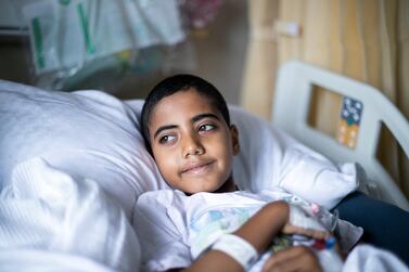 Muayad Al Arjani, 12, from Gaza, was flown to Dubai to have surgery for brittle bone disease. Reem Mohammed / The National