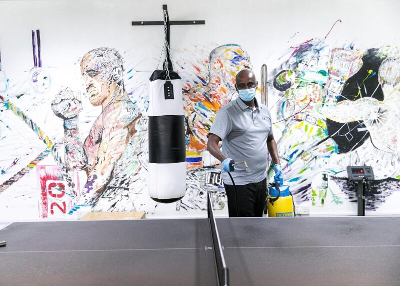 DUBAI, UNITED ARAB EMIRATES. 22 JULY 2020. 
Gym equipment being sanitized at Al Awir Central Jail. (Photo: Reem Mohammed/The National)

Reporter:
Section: