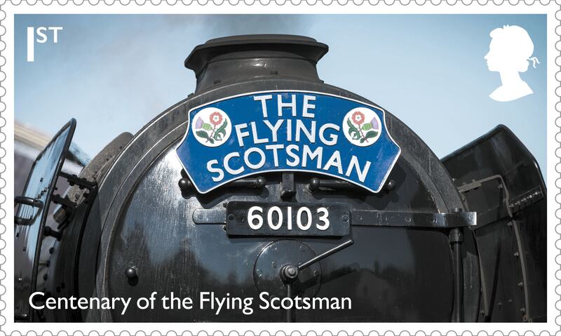 One of the Royal Mail's 12 new stamps, marking the 100th anniversary of steam locomotive the Flying Scotsman. It is the final set to feature the late Queen Elizabeth II's silhouette. All photos: PA