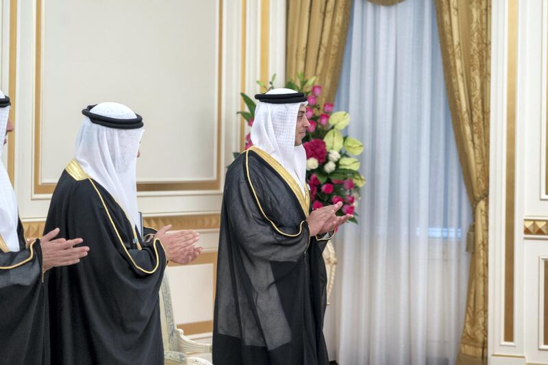 ASTANA, KAZAKHSTAN - July 04, 2018: HH Sheikh HH Sheikh Mansour bin Zayed Al Nahyan, UAE Deputy Prime Minister and Minister of Presidential Affairs (R) attends a reception hosted by HE Nursultan Nazarbayev, President of Kazakhstan (not shown), at Ak Orda Presidential Palace.