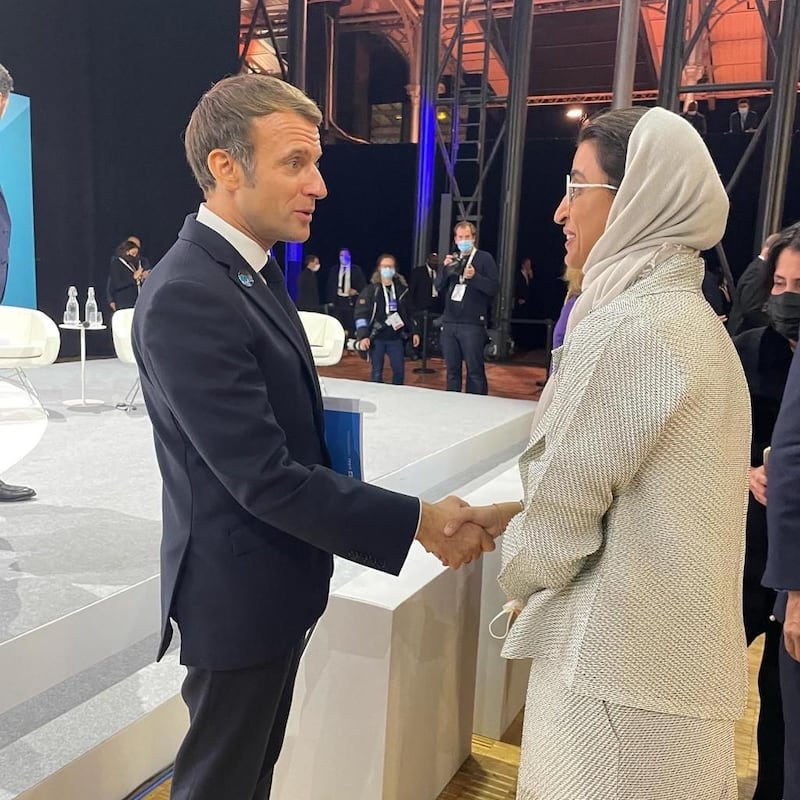 Noura Al Kaabi, Minister of Culture and Youth, meets French President Emmanuel Macron on the sidelines of the fourth session of the annual Paris Peace Forum. Photo: WAM
