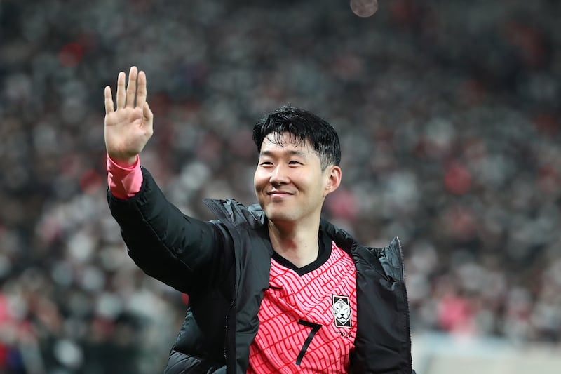 South Korea's Son Heung-min celebrates after their 2-0 World Cup qualifying win over Iran at Seoul World Cup Stadium on March 24, 2022. Getty