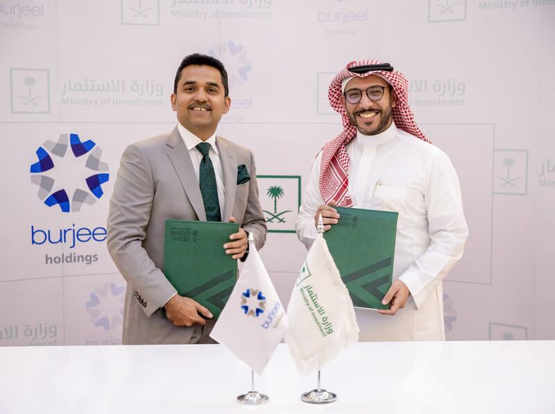 Shamsheer Vayalil, Burjeel Holdings’ founder and chief executive, and Fahad Alnaeem, Deputy Minister for Sector Investment Development at Saudi Arabia’s Ministry of Investment, during the signing of the agreement. Photo: Burjeel Holdings