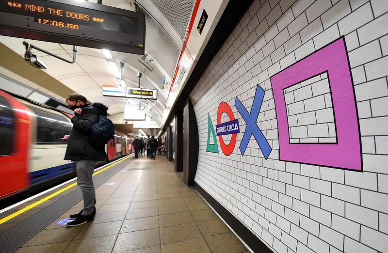 LONDON, ENGLAND - NOVEMBER 19: The Sony Playstation Action Buttons are seen displayed around Oxford Circus Station  as the PS5 goes on sale in the UK, on November 19, 2020 in London, England. The first generational upgrade to Sony's line of Playstation consoles since 2013, the launch has seen pre-orders sell out within hours and websites crash as retailers attempt to keep up with demand.  (Photo by Alex Davidson/Getty Images)