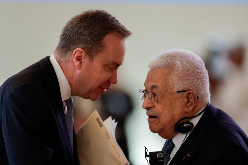 World Economic Forum president Borge Brende speaks with Palestinian President Mahmoud Abbas at the WEF special meeting in Riyadh on April 28. Reuters