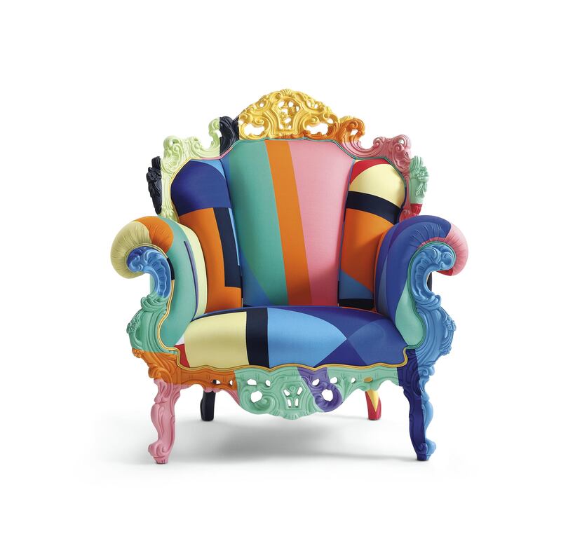 Armchair with wooden frame, upholstered with a new multi-colour fabric designed by Alessandro Mendini. Created in 1978 for the Palazzo dei Diamanti in Ferrara, Proust was immediately recognised as an icon of 20th century design and one of the most renowne???