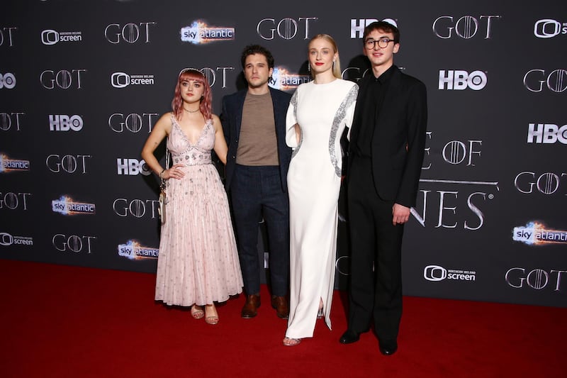 Maisie Williams, Kit Harington, Sophie Turner and Isaac Hempstead Wright at the premiere of season eight of 'Game of Thrones' in Belfast. AP