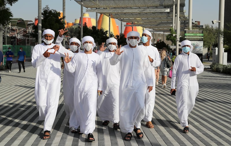 Visitors take in the sights at Expo 2020 Dubai. Pawan Singh/The National.
