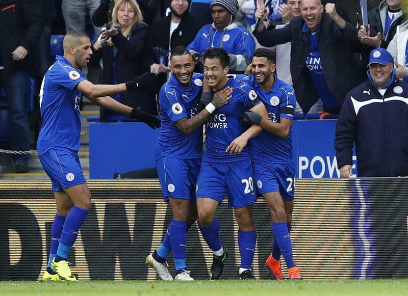 Danny Simpson, second left, is confident of Leicester City's chances against Manchester City on Saturday. Eddie Keogh / Reuters