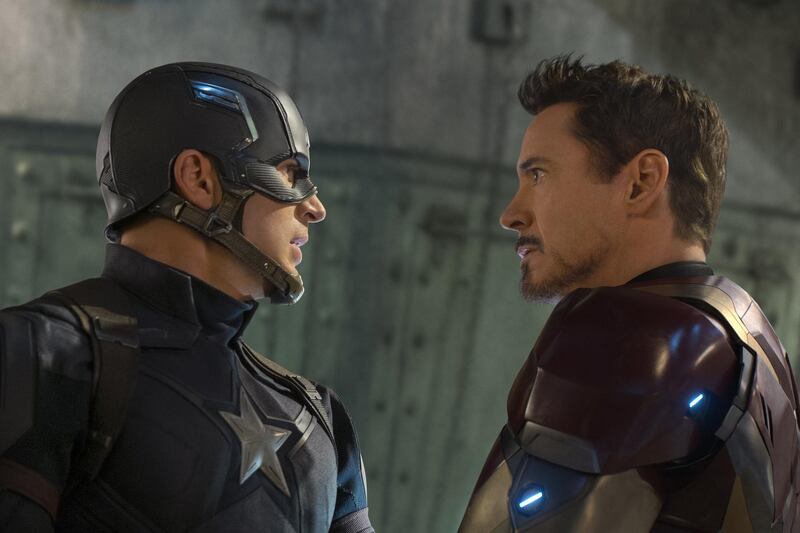 A handout photo of Captain America: Civil War showing Lto R: Captain America/Steve Rogers (Chris Evans) and Iron Man/Tony Stark (Robert Downey Jr.) (Zade Rosenthal / Marvel) *** Local Caption ***  al05ma-movies-civilwar05.jpg