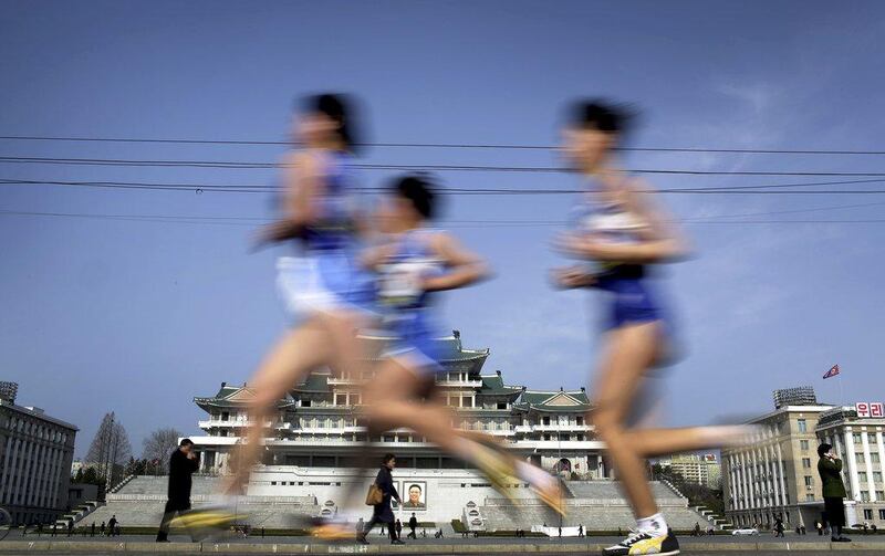 Participants of the Pyongyang marathon run past the Kim Il-sung Square on Sunday, April 9, 2017, in Pyongyang, North Korea as hundreds of foreigners joined the annual marathon that has become one of the North Korean capital's most popular tourist events. Wong Maye-E/AP Photo